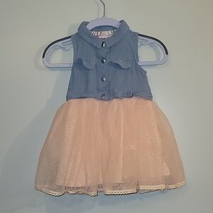 Little Lass Denim And Pink Lace Casual Sleeveless Snap Button Dress LOT H